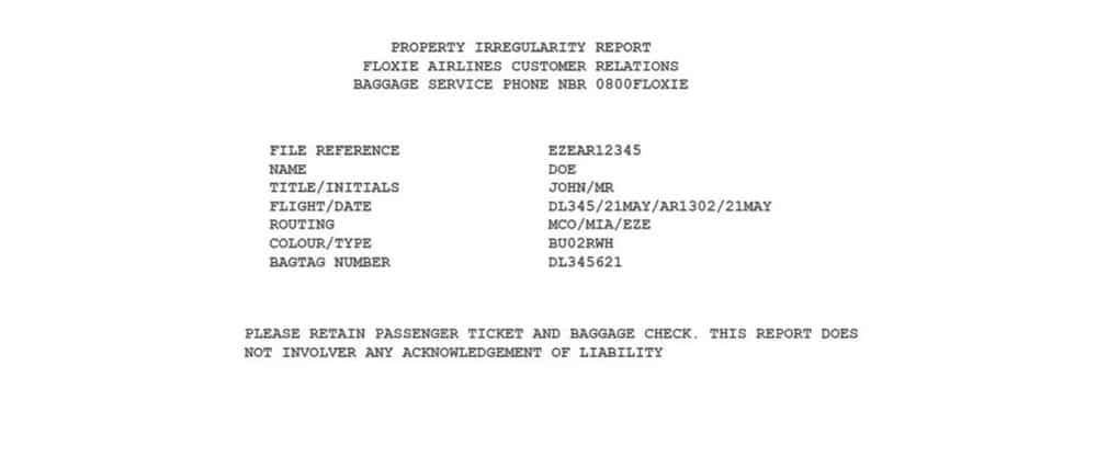 Déclaration de sinistre « Property irregularity report » de Avianca
